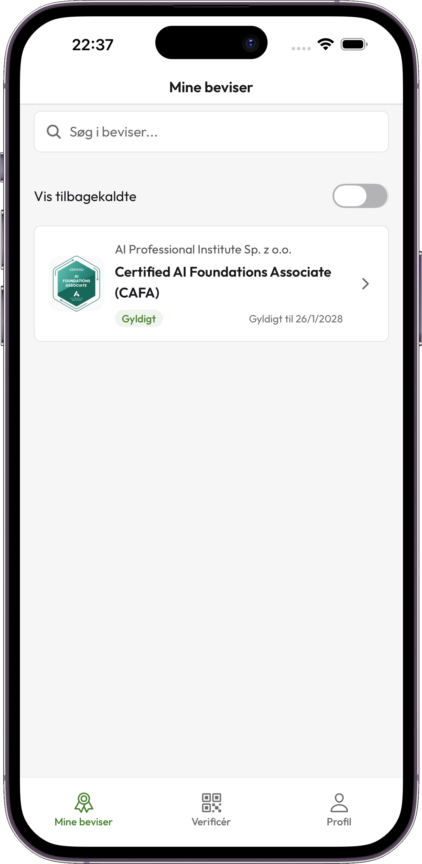Credentium Wallet — Lista poświadczeń