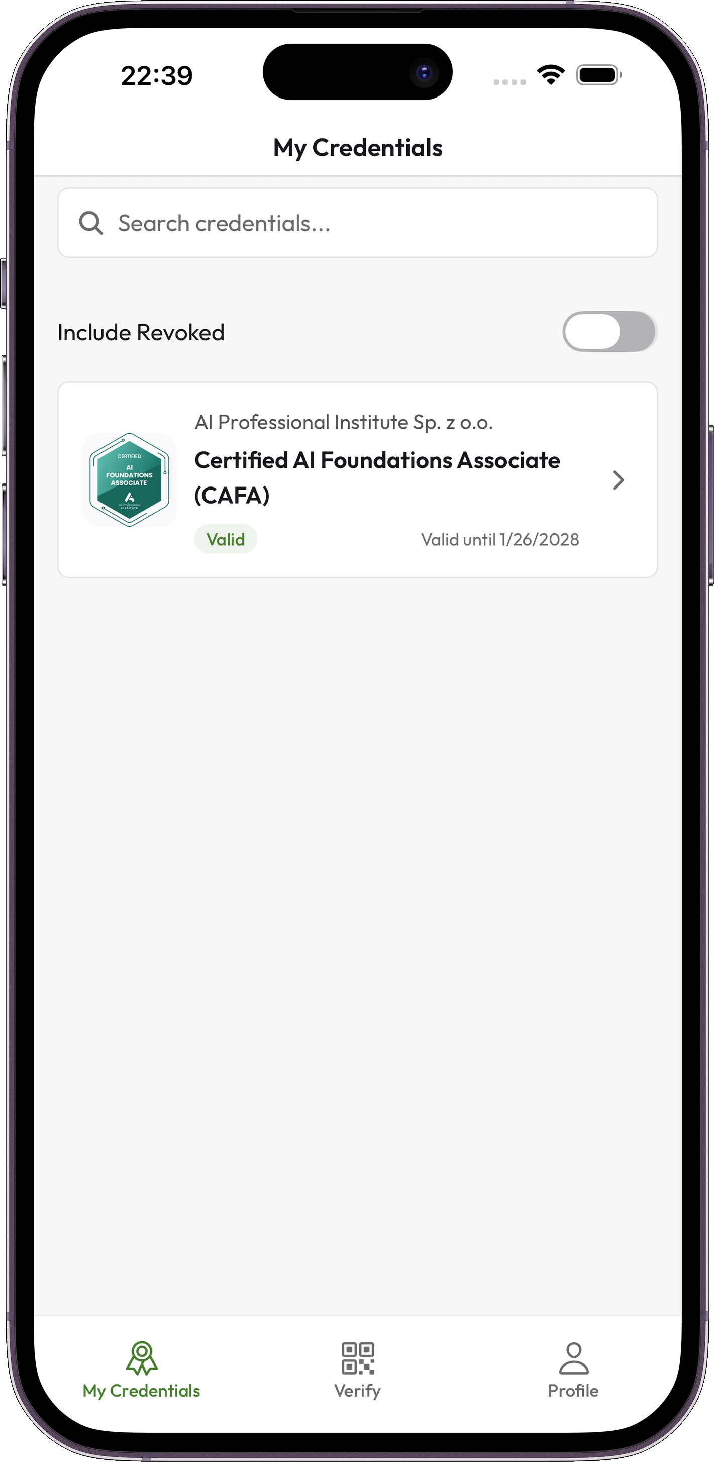 Credentium Wallet — Lista poświadczeń