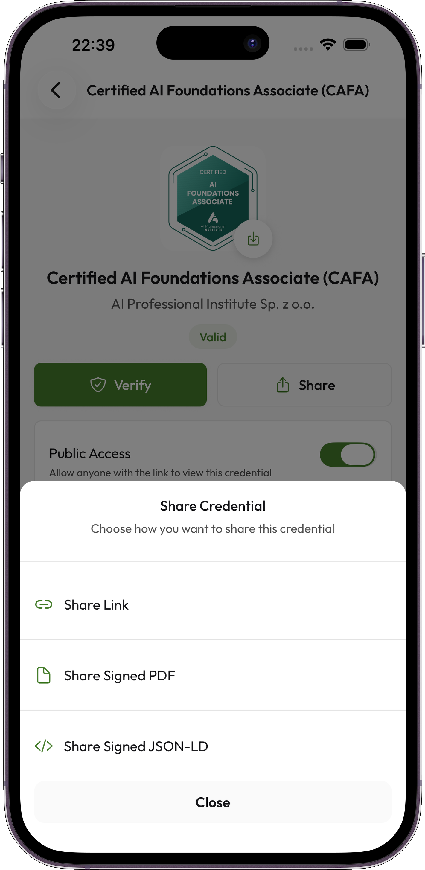Credentium Wallet — Udostępnianie
