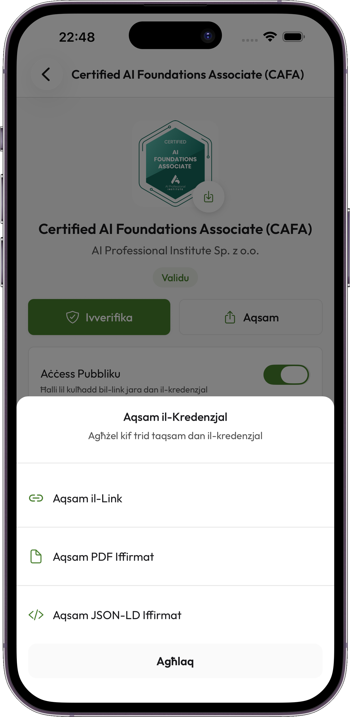Credentium Wallet — Udostępnianie