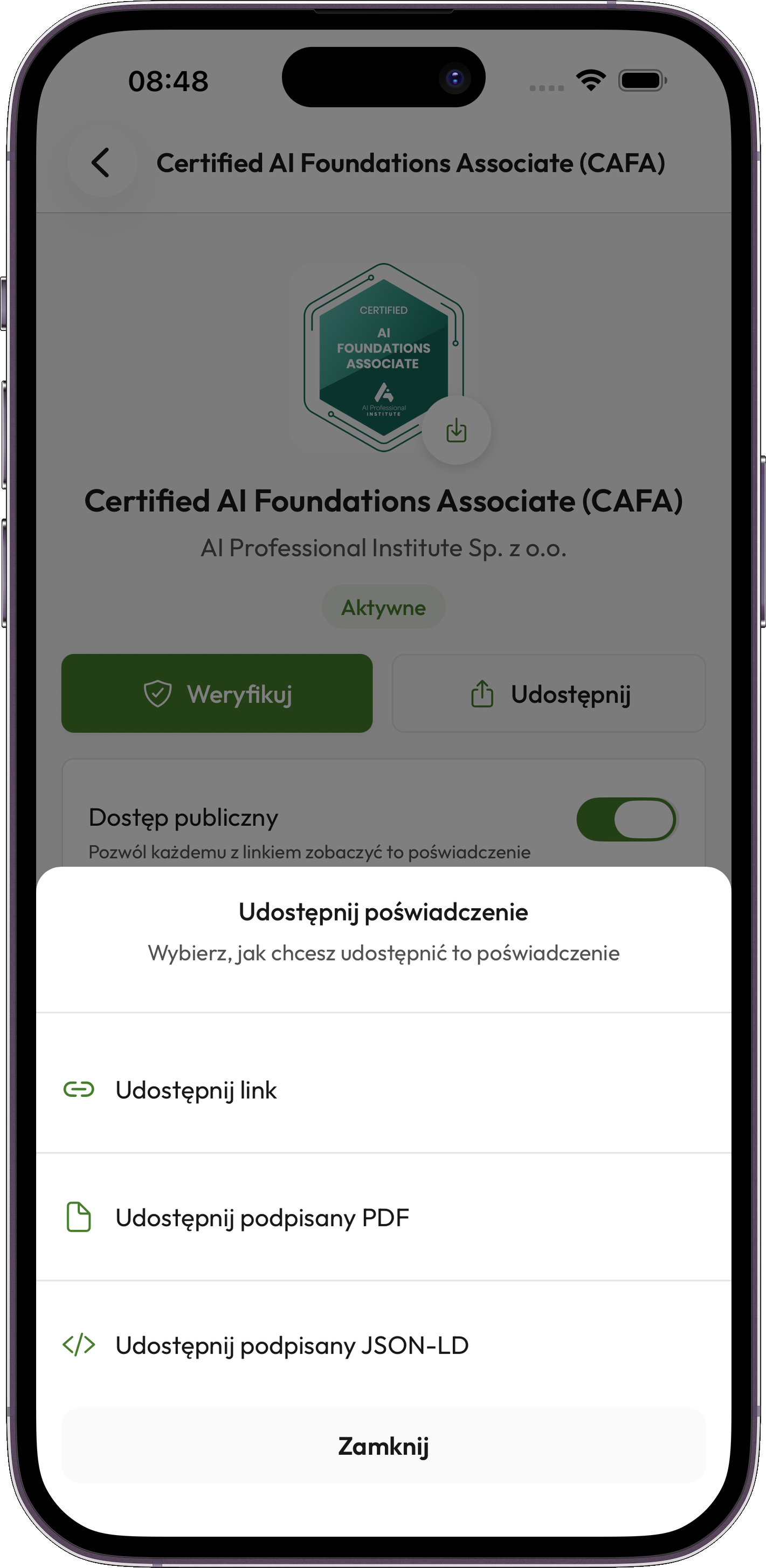 Credentium Wallet — Udostępnianie