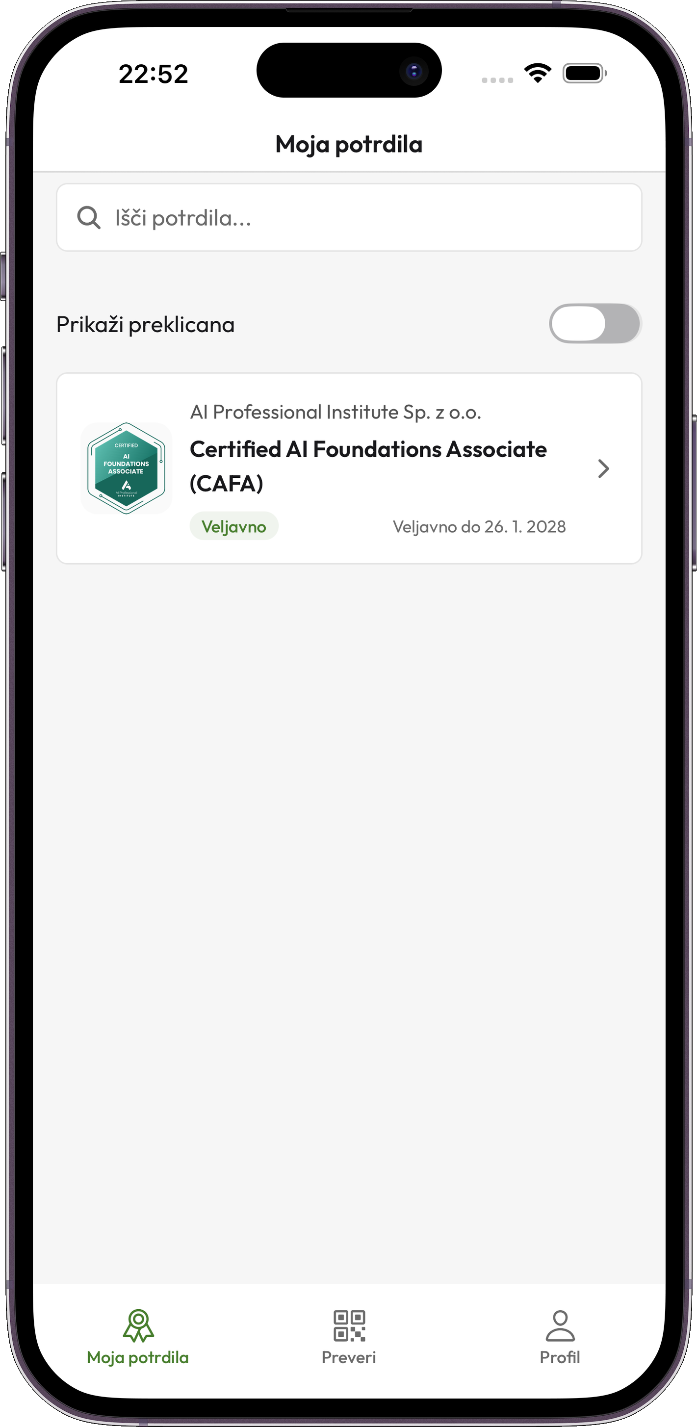 Credentium Wallet — Lista poświadczeń