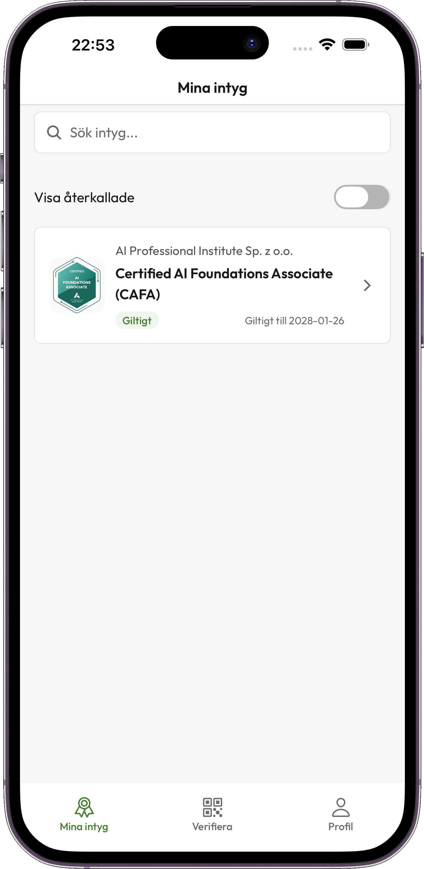 Credentium Wallet — Lista poświadczeń