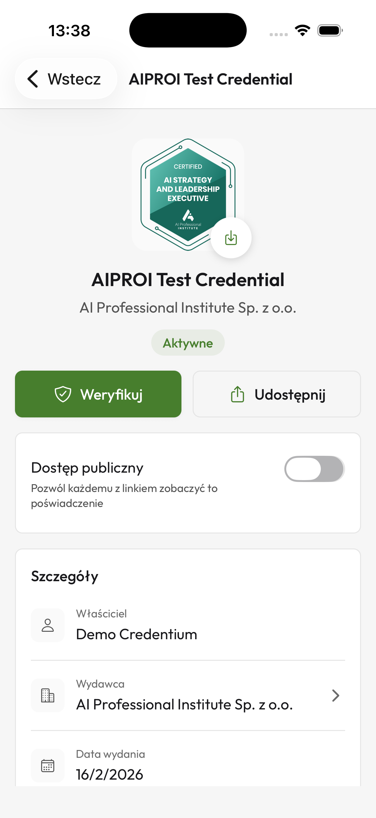 Credentium Wallet - micro-credential details on a smartphone