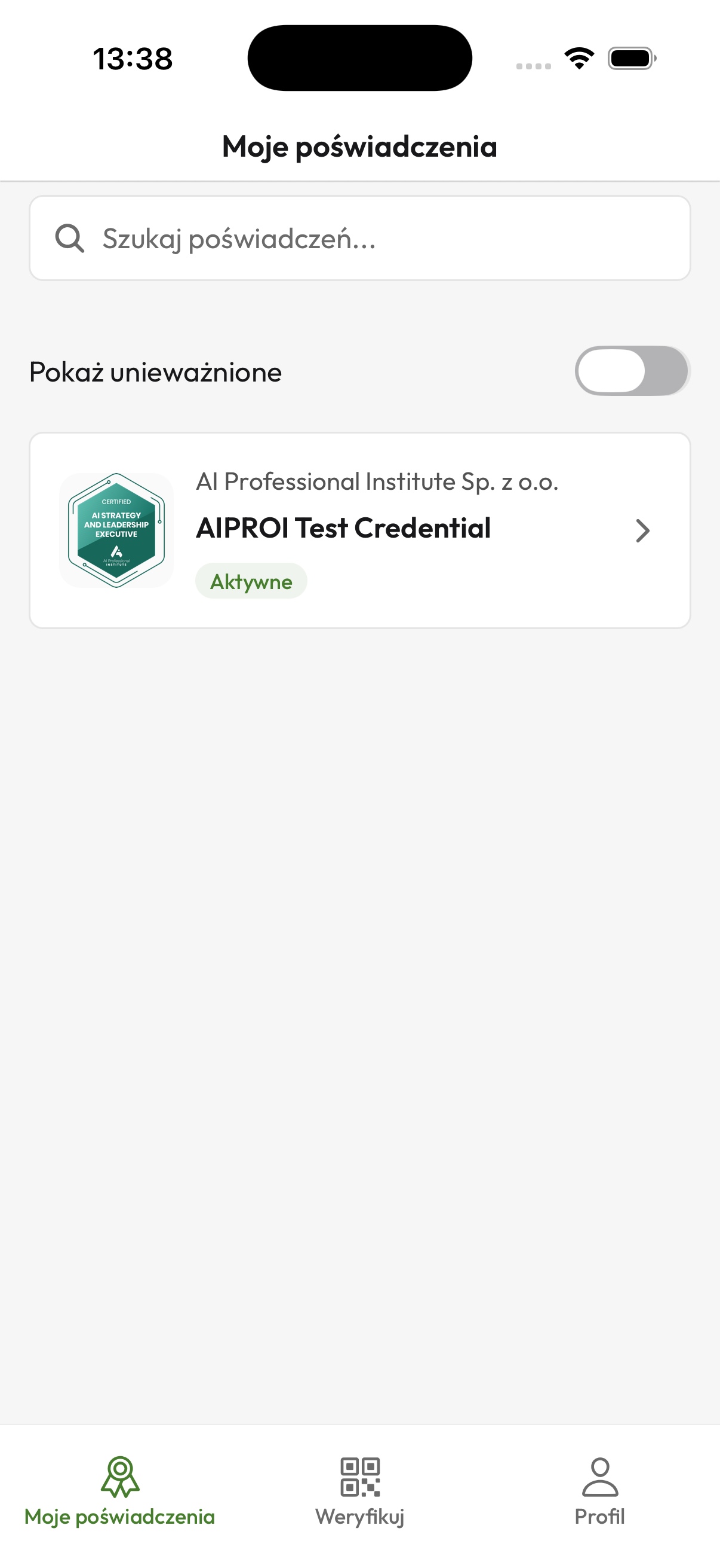 Credentium Wallet — credential list