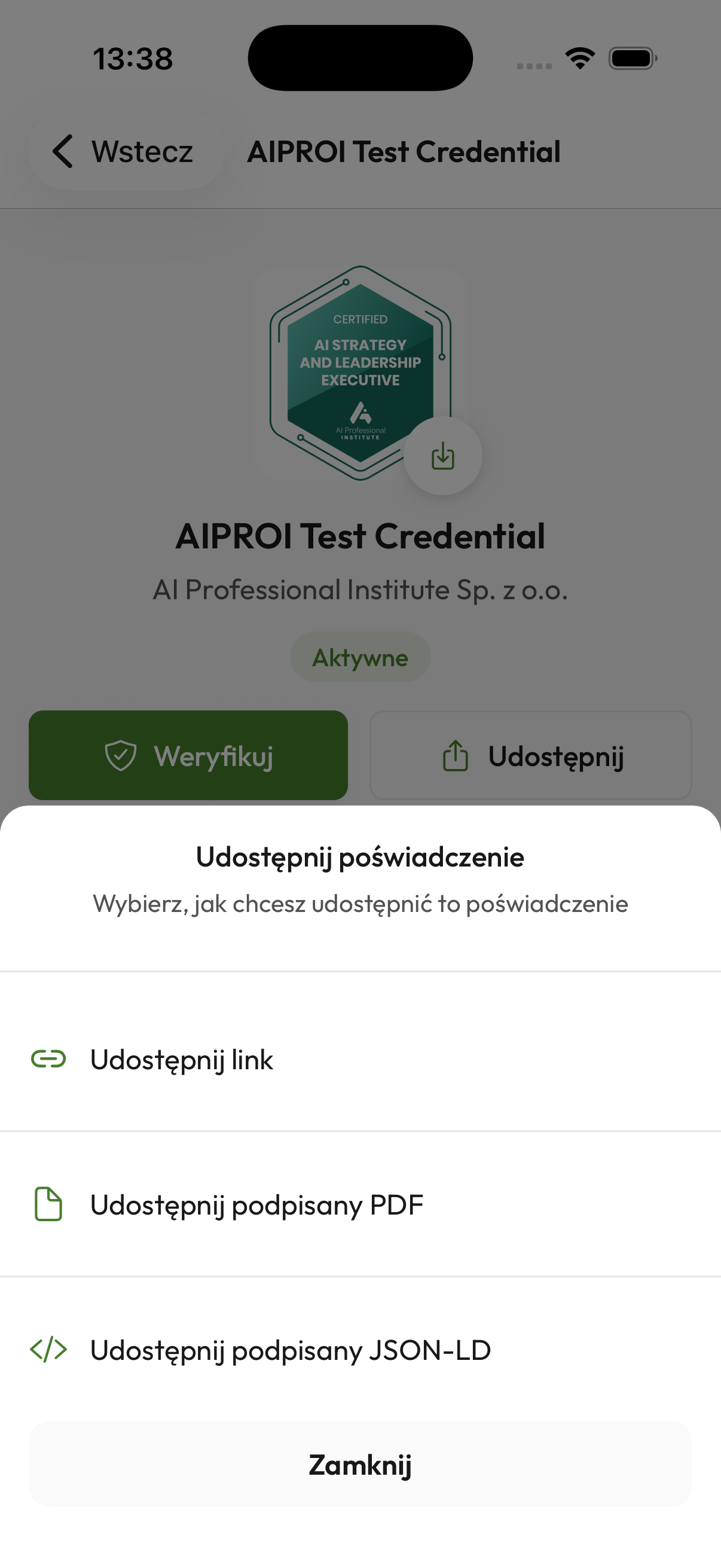 Credentium Wallet — udostępnianie poświadczenia