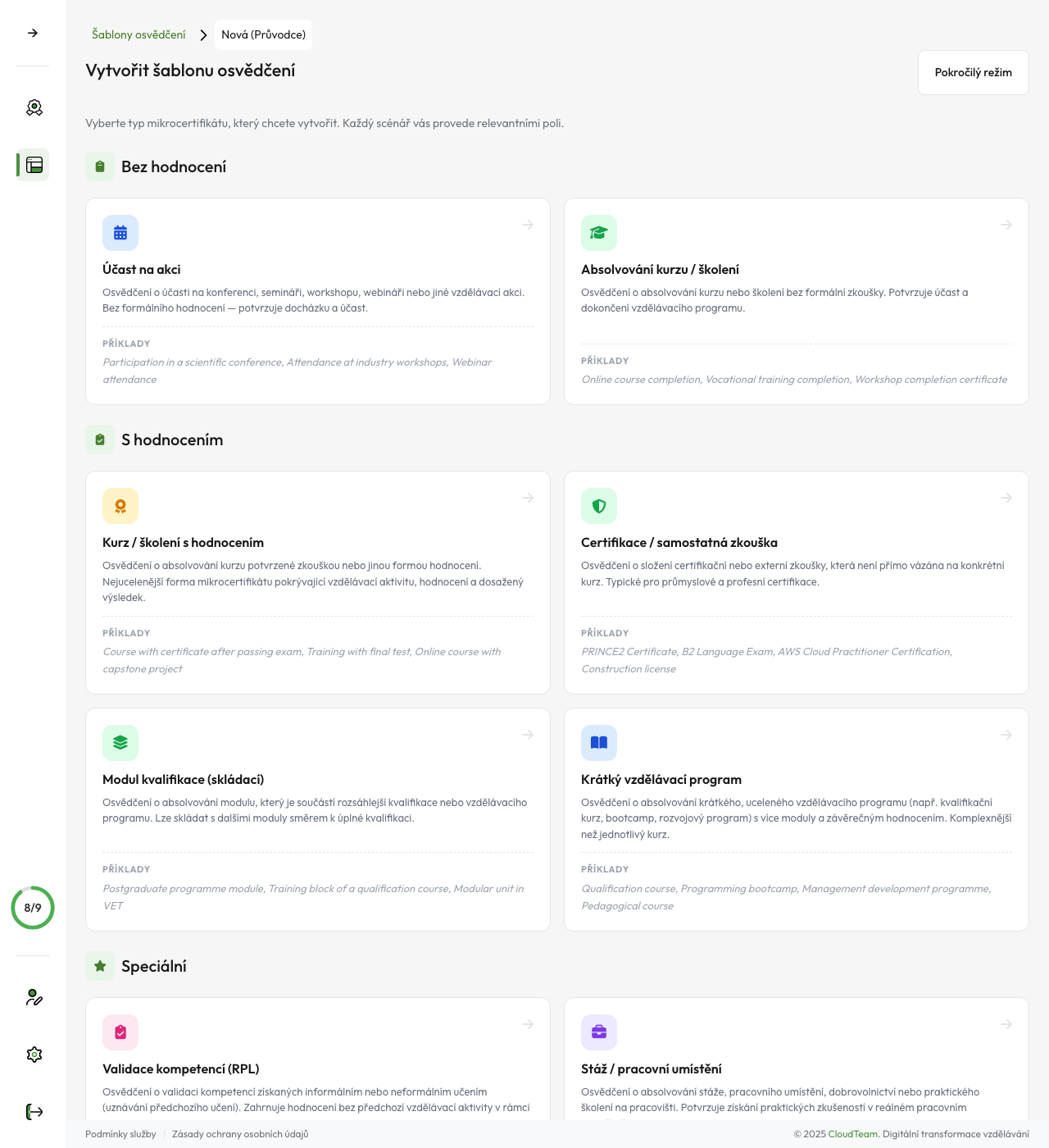 Editor šablon — výběr scénáře certifikátu