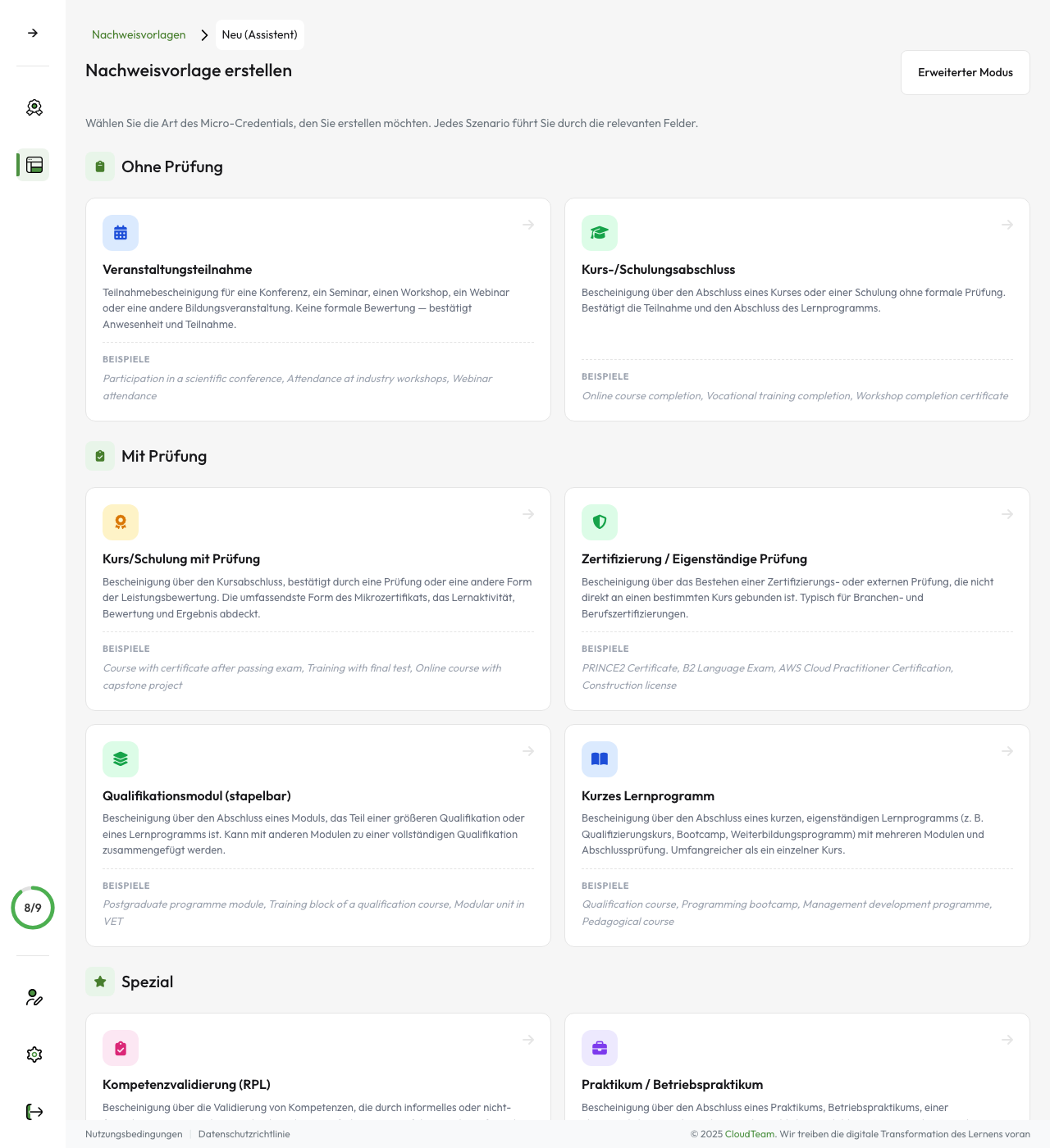Vorlagen-Builder — Auswahl des Credential-Szenarios