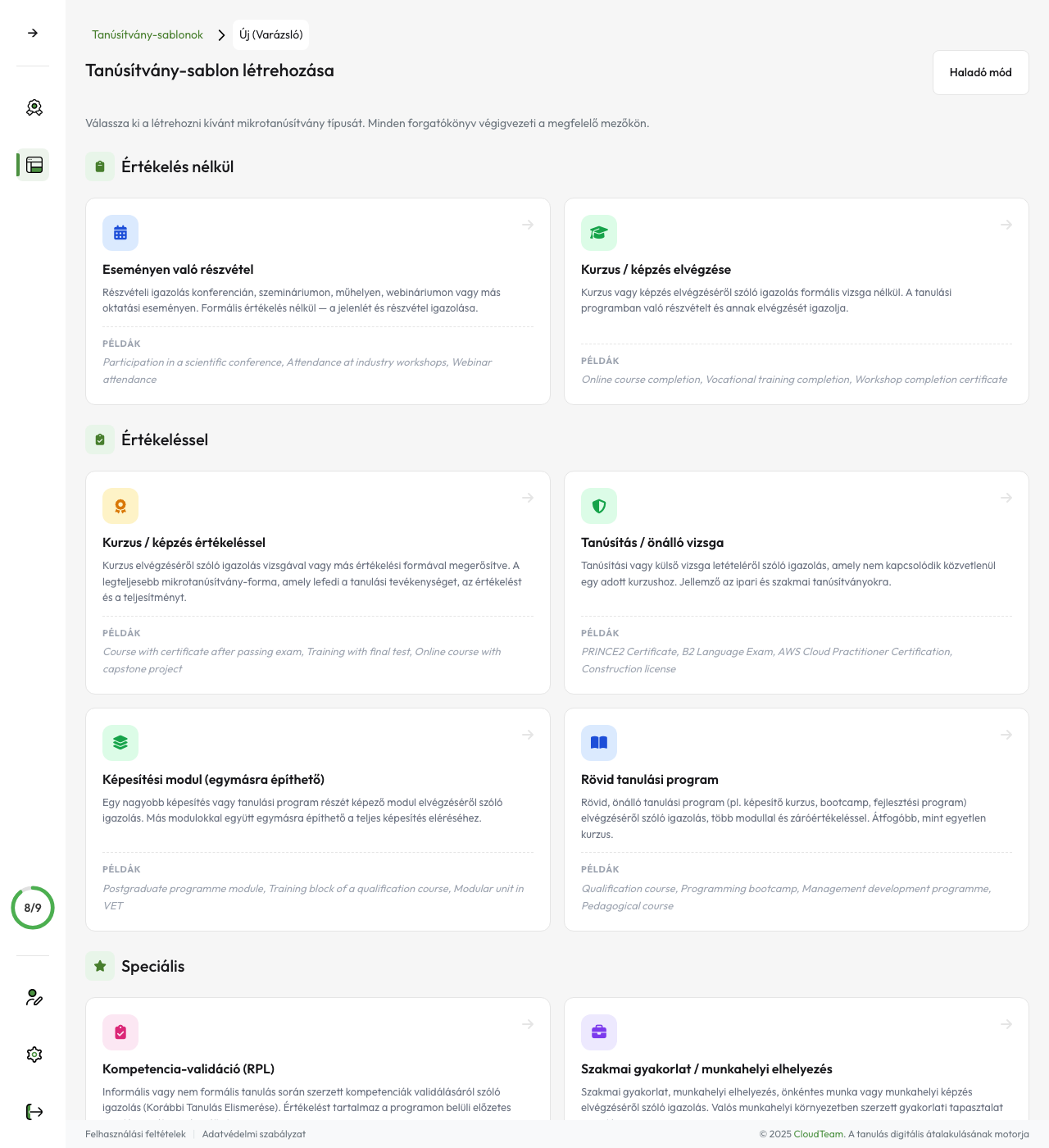 Sablonszerkesztő — tanúsítvány-forgatókönyv kiválasztása