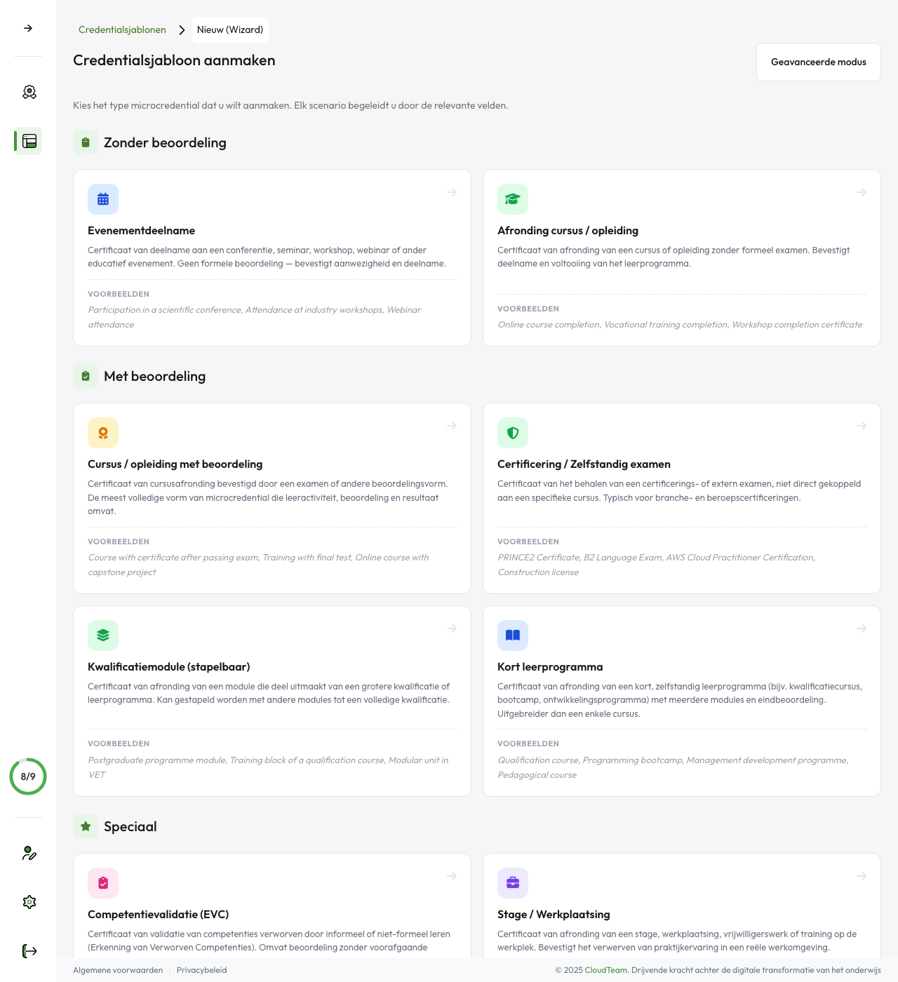Sjabloonbouwer — selectie van credential-scenario