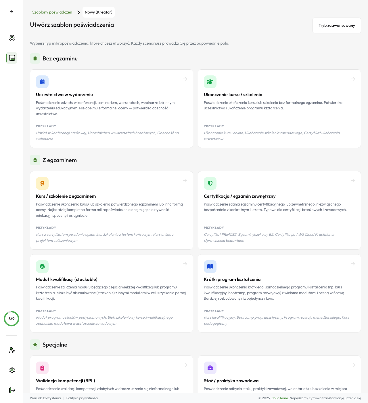 Kreator szablonów — wybór scenariusza poświadczenia